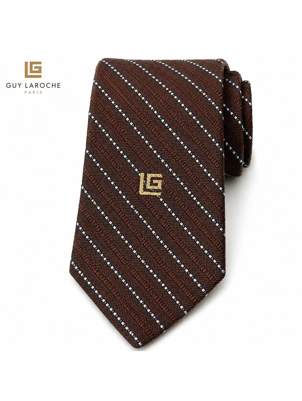 Guy Laroche Silk Men's Necktie USA Blue, Red, Green, Coppers Stripes